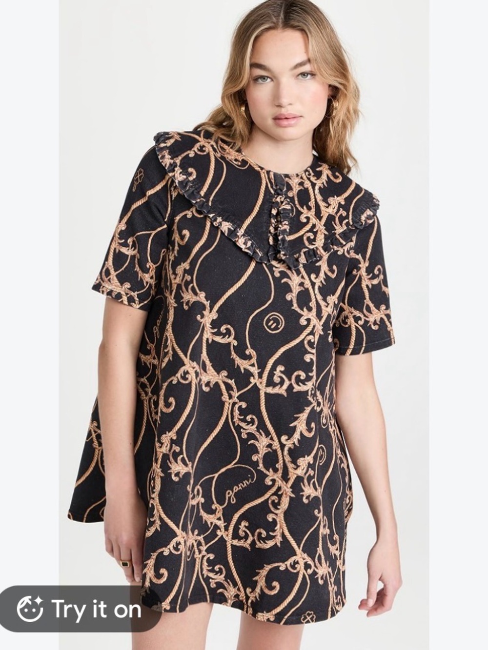 Ganni Denim Dress with Gold Baroque Rope Print